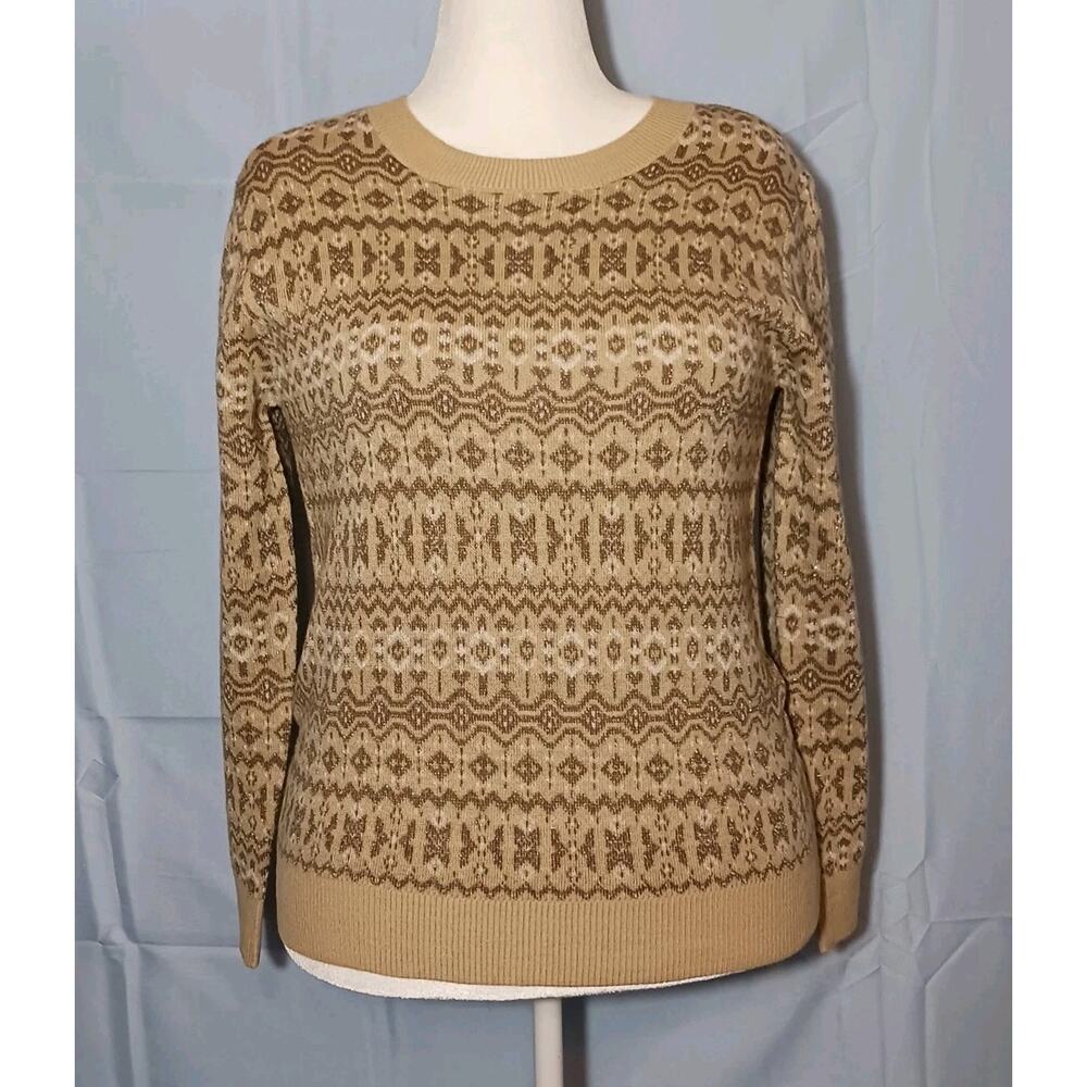 NWT Gloria Vanderbilt Fair Isle Sweater Womens Medium Tan Lurex Gold Thread